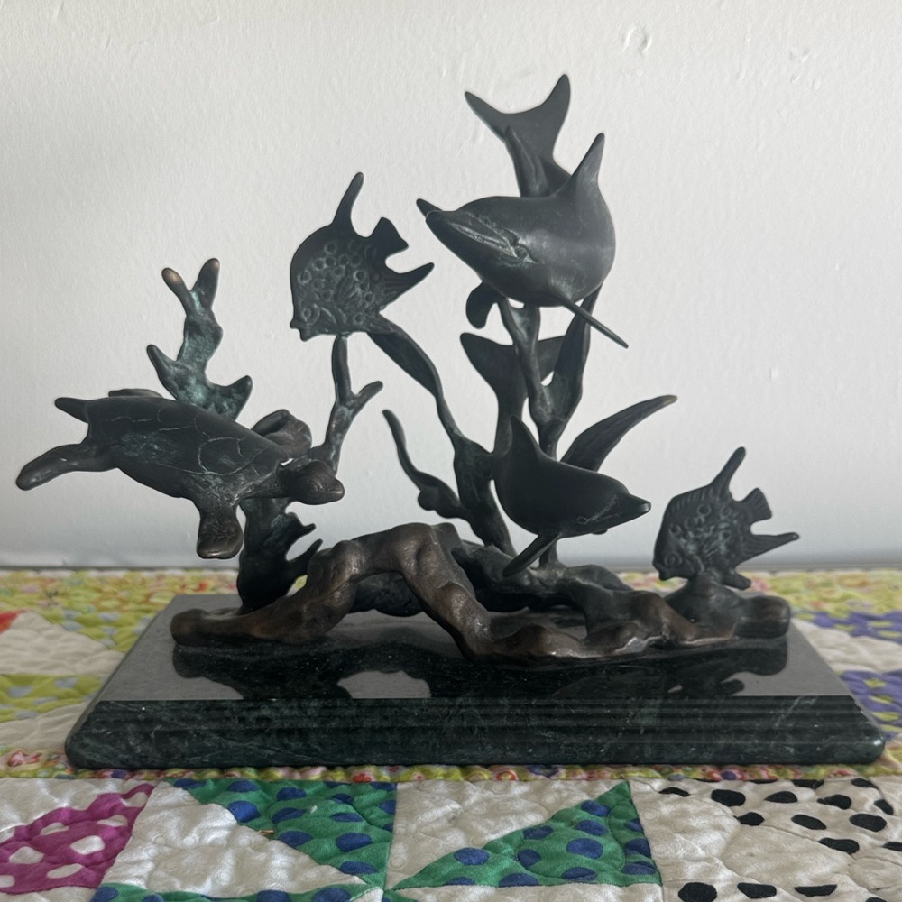 Vintage 90s Tropical Sea Life Brass Sculpture of Turtles Dolphins in Reef by SPI